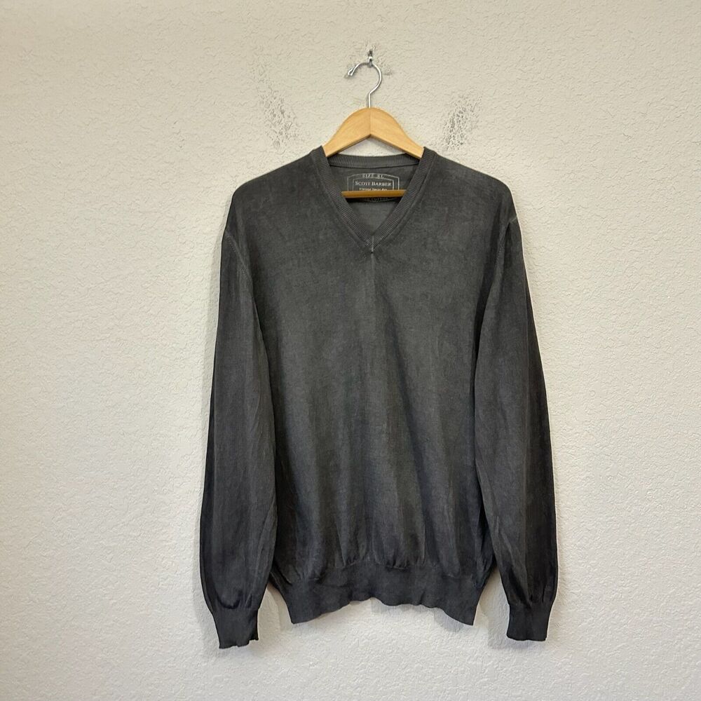 SCOTT BARBER Vintage Spray Dye V-Neck Cotton Sweater in Espresso